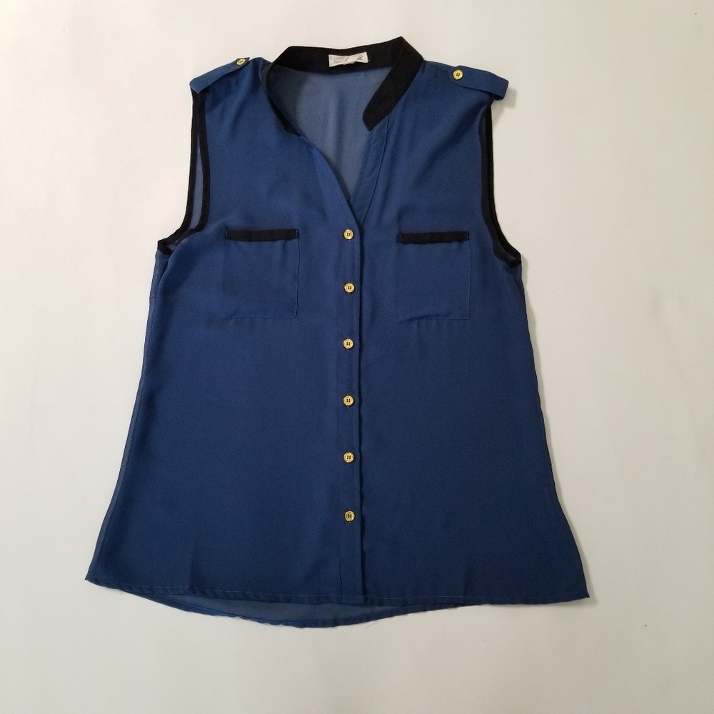 Blue Sheer Blouse Button Down Sleeveless
